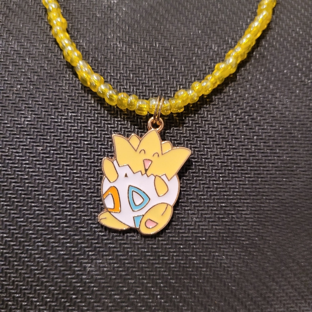 Yellow Beaded Necklace with Togepi Pendant